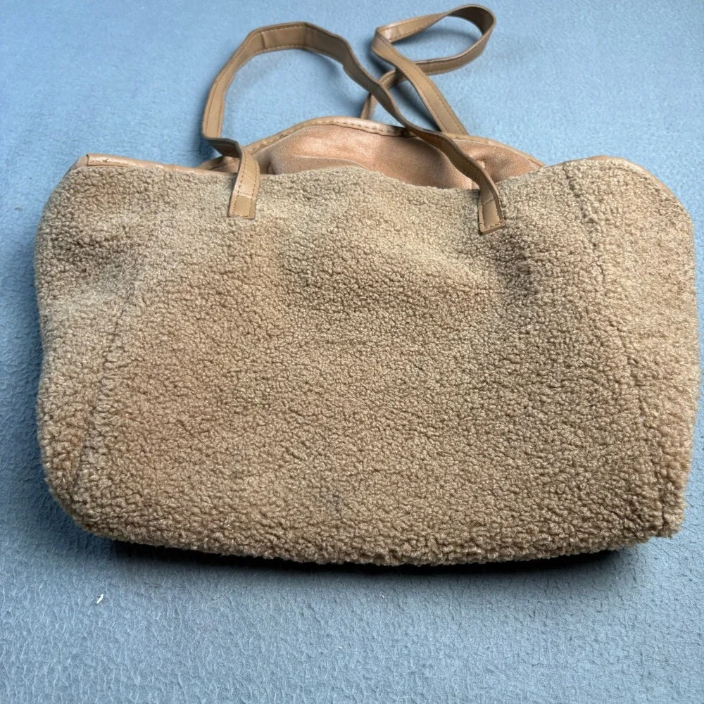 Neiman Marcus Faux Shearling Sherpa Tote Bag Camel Tan Brown Shoulder Bag